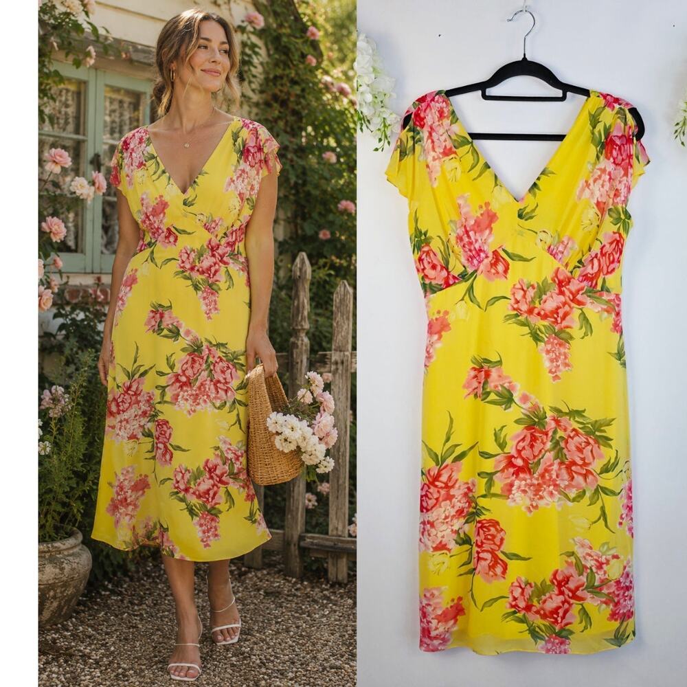 Bahari Midi Dress 12 Yellow Floral Chiffon V-Neck Cottagecore Y2K Garden Party